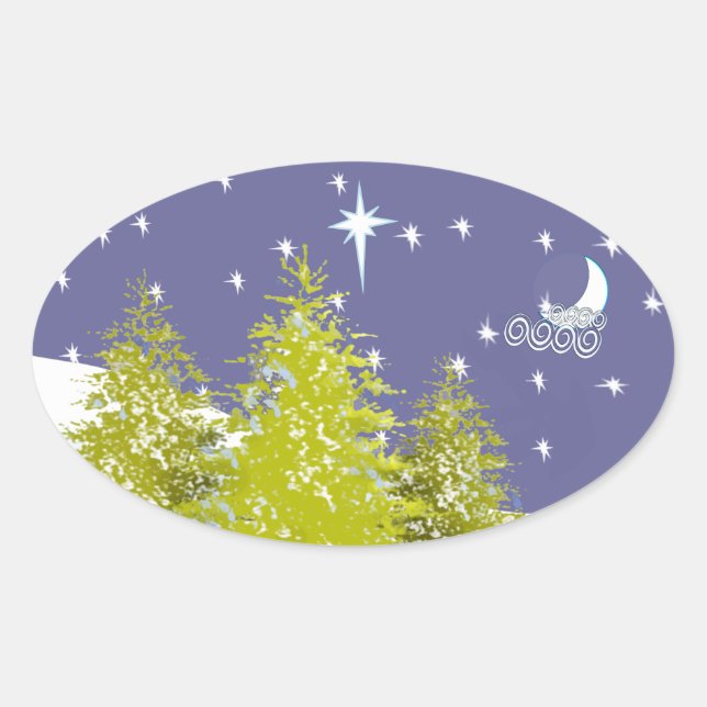 Pegatina Ovalada Feliz Navidad Pines Luna y Estrellas (Anverso)
