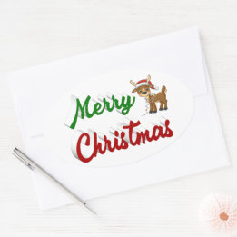 Pegatina Ovalada Feliz Navidad Resto del reno rojo guión verde