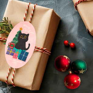 Pegatina Ovalada Feliz Navidad Rosa Gato Negro Lindo Árbol de Navid