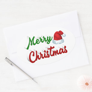 Pegatina Ovalada Feliz Navidad Santa Hat rojo green script
