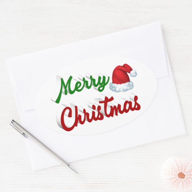 Pegatina Ovalada Feliz Navidad Santa Hat rojo green script (Sobre)