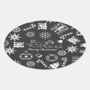 Pegatina Ovalada Feliz Navidad Símbolos Santa, negro y blanco