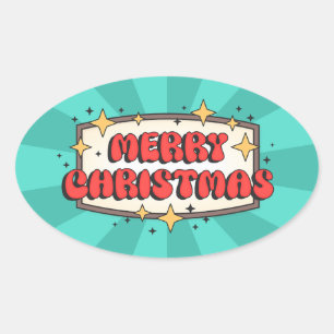 Pegatina Ovalada Feliz navidad texto funky, groovy personalizado re