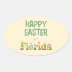 Pegatina Ovalada Feliz Pascua de Florida Pastel Flowers