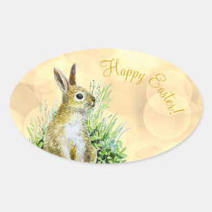Pegatina Ovalada Feliz Pascua, pequeña acuarela