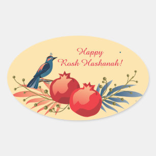 Pegatina Ovalada Feliz Rosh Hashanah Patrón floral de Año Nuevo jud