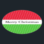 Pegatina Ovalada FEROSAS CHRISTMAS Tiras de puntos blancos verdes r<br><div class="desc">Este diseño festivo de bonito presenta una franja central blanca deportiva con texto "MERRY CHRISTMAS" junto con rayas rojas y verdes brillantes. Las franjas superior e inferior están decoradas con puntos de baldosa gris claro festivo. El texto se puede personalizar.</div>