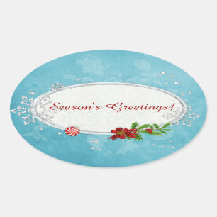 Pegatina Ovalada Festividades de Snowflakes y Peppermint PERSONALIZ