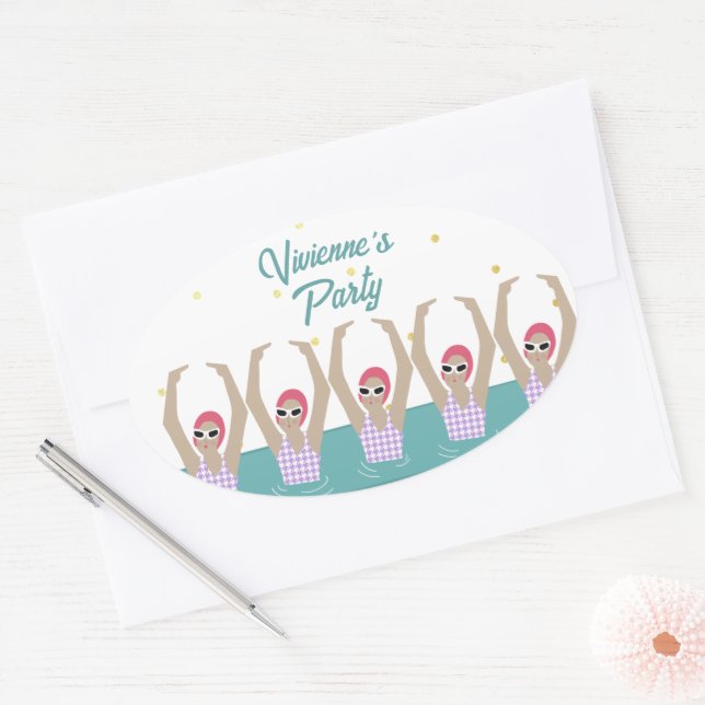 Pegatina Ovalada Fiesta de cumpleaños de natación de Synchro artíst (Sobre)