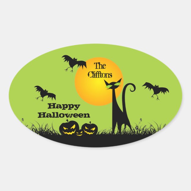 Pegatina Ovalada Fiesta de Halloween de Gato Negro (Anverso)