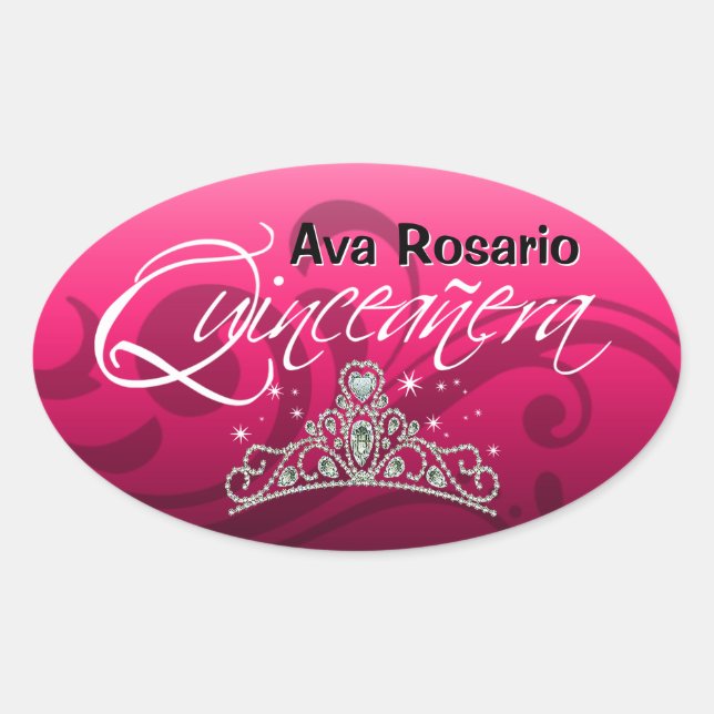 Pegatina Ovalada Fiesta de Mi Quinceañera Sparkling Tiara (fuschia) (Anverso)