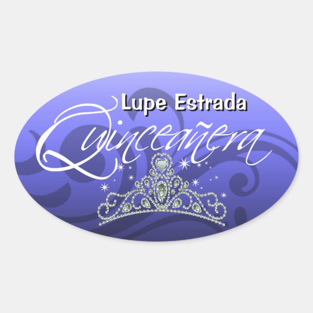 Pegatina Ovalada Fiesta de Mi Quinceañera Sparkling Tiara (orquídea (Anverso)