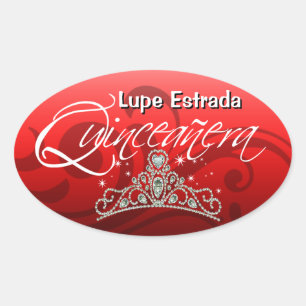 Pegatina Ovalada Fiesta de Mi Quinceañera Sparkling Tiara (orquídea