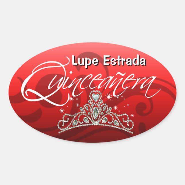 Pegatina Ovalada Fiesta de Mi Quinceañera Sparkling Tiara (orquídea (Anverso)