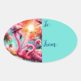 Pegatina Ovalada Flamencos rosados tropicales Palmeras Sunset Verde