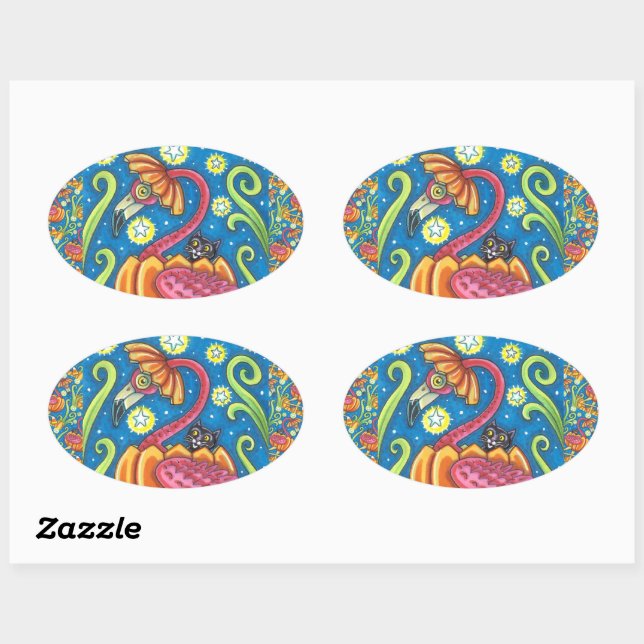 PEGATINA OVALADA FLAMINGO ROJO DE HALLOWEEN Y GATO NEGRO EN PUMPKIN (Hoja)