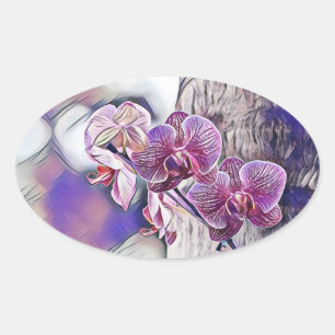 Pegatina Ovalada Flor de orquídea morada sobre un cuadro de madera