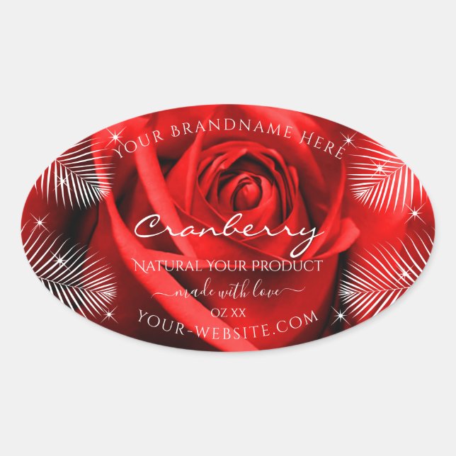 Pegatina Ovalada Flor rosa roja con hojas de palmera (Anverso)