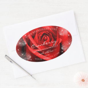 Pegatina Ovalada Flor rosa roja con hojas de palmera