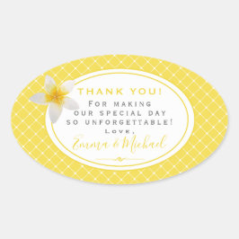 Pegatina Ovalada Flor tropical y enrejado amarillo Gracias Boda