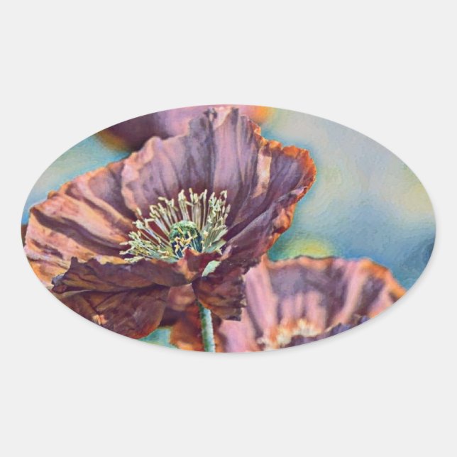 Pegatina Ovalada Flores de amapola roja naranja púrpura acuarela (Anverso)