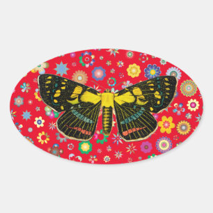 Pegatina Ovalada flores de mariposa naturaleza vida silvestre arte 