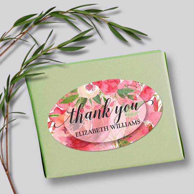 Pegatina Ovalada Flores de Peonía de Agradecimiento (3" round stickers with your name and Thank You on pink and cream peony flowers)