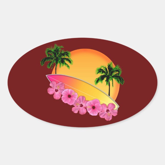 Pegatina Ovalada Flores de Surfboard e Hibiscus (Anverso)