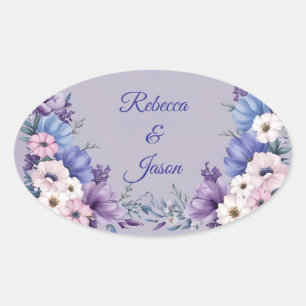 Pegatina Ovalada Flores Delicadas de verano azules, blancas, rosada