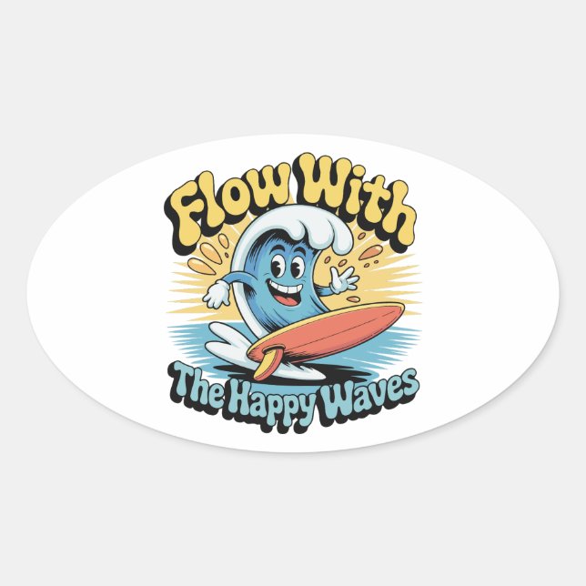 Pegatina Ovalada Flow With The Happy Waves Waterproof Sticker (Anverso)