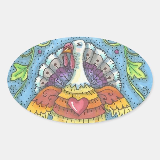 PEGATINA OVALADA FOLK ART TURKEY, GRACIAS A LOS PEGATINAS DE AVES (Anverso)