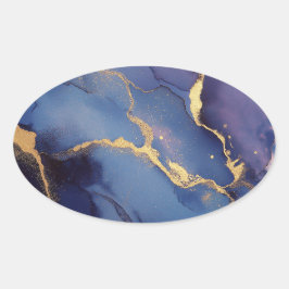 Pegatina Ovalada Fondo azul con rachas y puntos dorados