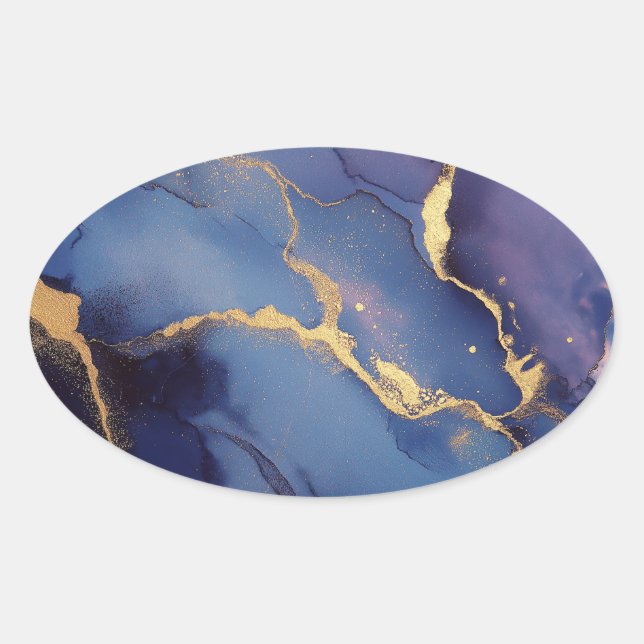 Pegatina Ovalada Fondo azul con rachas y puntos dorados (Anverso)