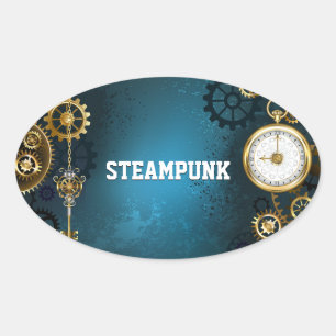 Pegatina Ovalada Fondo turquesa de Steampun con engranajes
