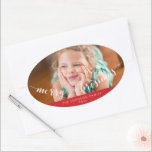 Pegatina Ovalada Foto: Merry Christmas Oval Red Pegatinas<br><div class="desc">Feliz Navidad pegatinas rojos y blancos ovales con texto y foto cambiables. Fotografía © Storytree Studios,  Stanford,  CA</div>
