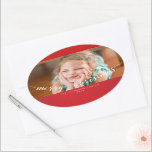 Pegatina Ovalada Foto: Merry Christmas Oval Red Pegatinas<br><div class="desc">Feliz Navidad pegatinas rojos y blancos ovales con texto y foto cambiables. Fotografía © Storytree Studios,  Stanford,  CA</div>