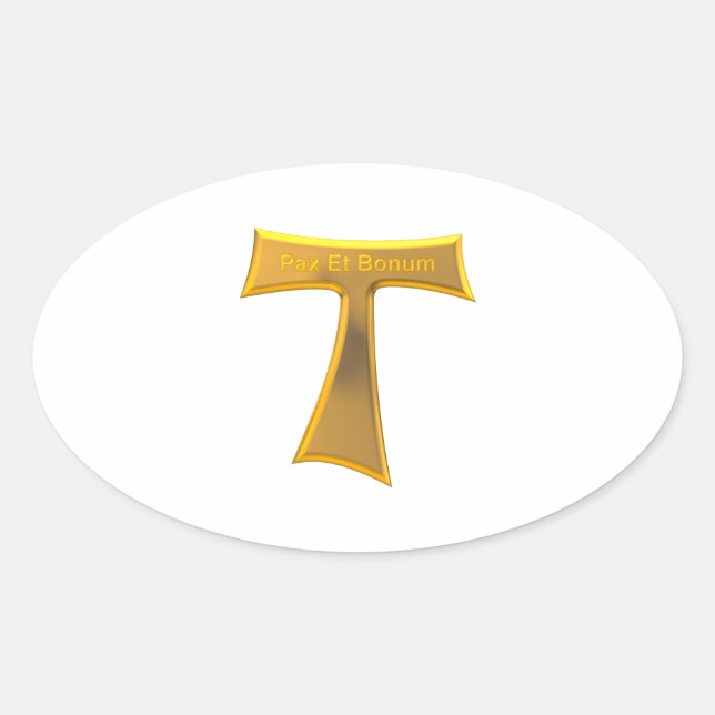Pegatina Ovalada Franciscan Tau Cross Pax Et Bonum Gold Metallic (Anverso)