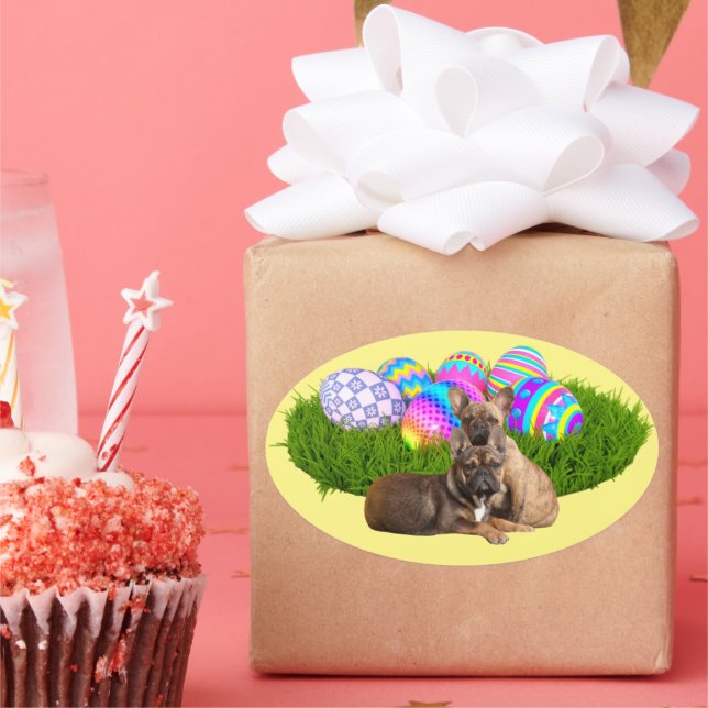 Pegatina Ovalada Französische Bulldogge Happy Easter French Bulldog (Fiesta)
