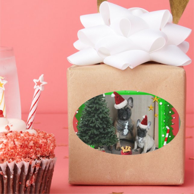 Pegatina Ovalada Französische Bulldoggen Weihnachten French Bulldog (Fiesta)