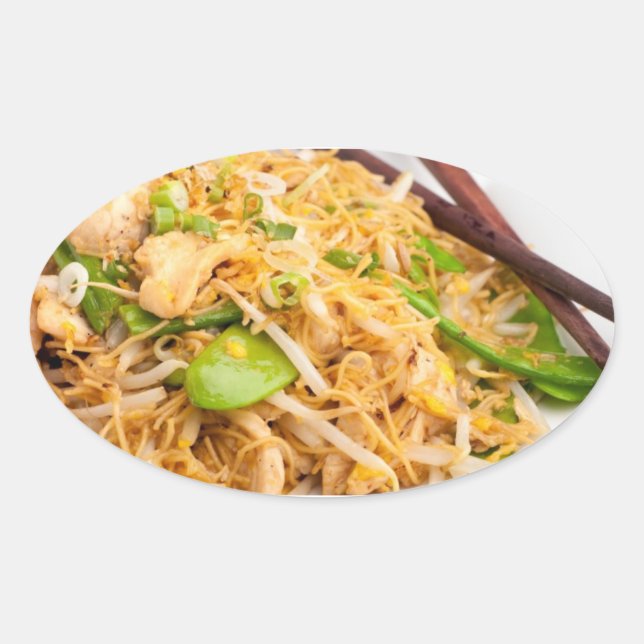 Pegatina Ovalada Fry Tiro de fideo tailandés Lo Mein (Anverso)