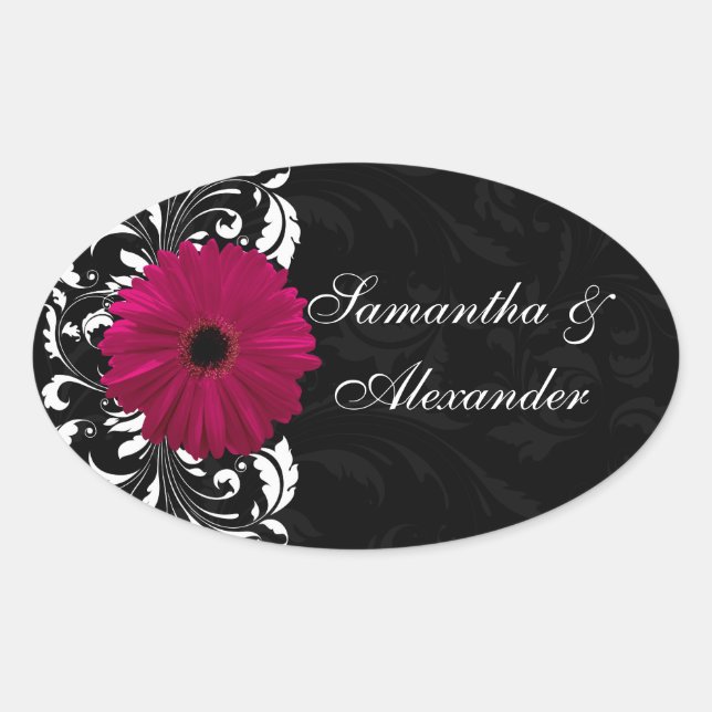 Pegatina Ovalada Fuchsia Scroll Gerbera Daisy con negro y blanco (Anverso)