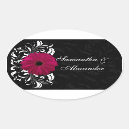 Pegatina Ovalada Fuchsia Scroll Gerbera Daisy con negro y blanco