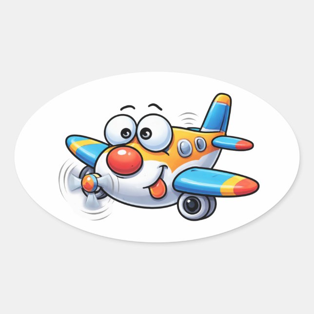 Pegatina Ovalada Funny Cartoon Airplane Character Sticker (Anverso)