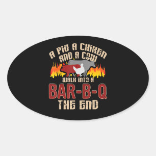 Pegatina Ovalada Funny Pig Chicken Cow Bar B Q Bbq Chef Cookie Cook