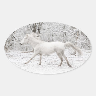 Pegatina Ovalada Galopando caballo blanco en la nieve