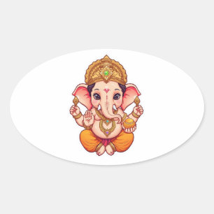 Pegatina Ovalada Ganpati Bappa - Chibi Style Ganesha con