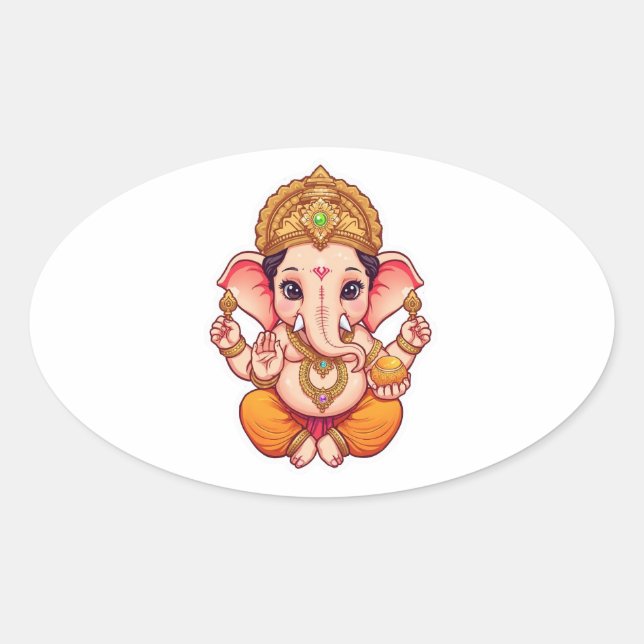 Pegatina Ovalada Ganpati Bappa - Chibi Style Ganesha con (Anverso)