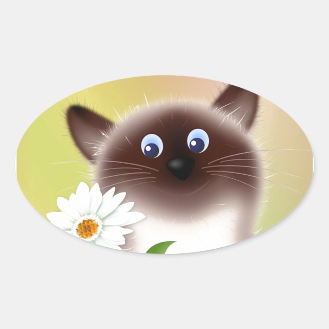 Pegatina Ovalada Gato con flor (Anverso)