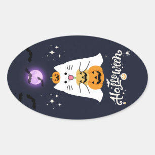 Pegatina Ovalada Gato de Halloween a la luz de la luna: Noche espel
