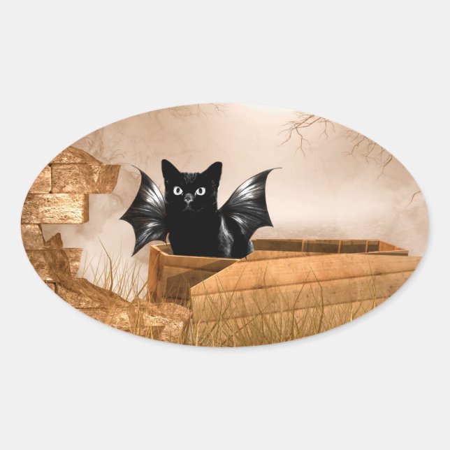 Pegatina Ovalada Gato de murciélago de Halloween (Anverso)